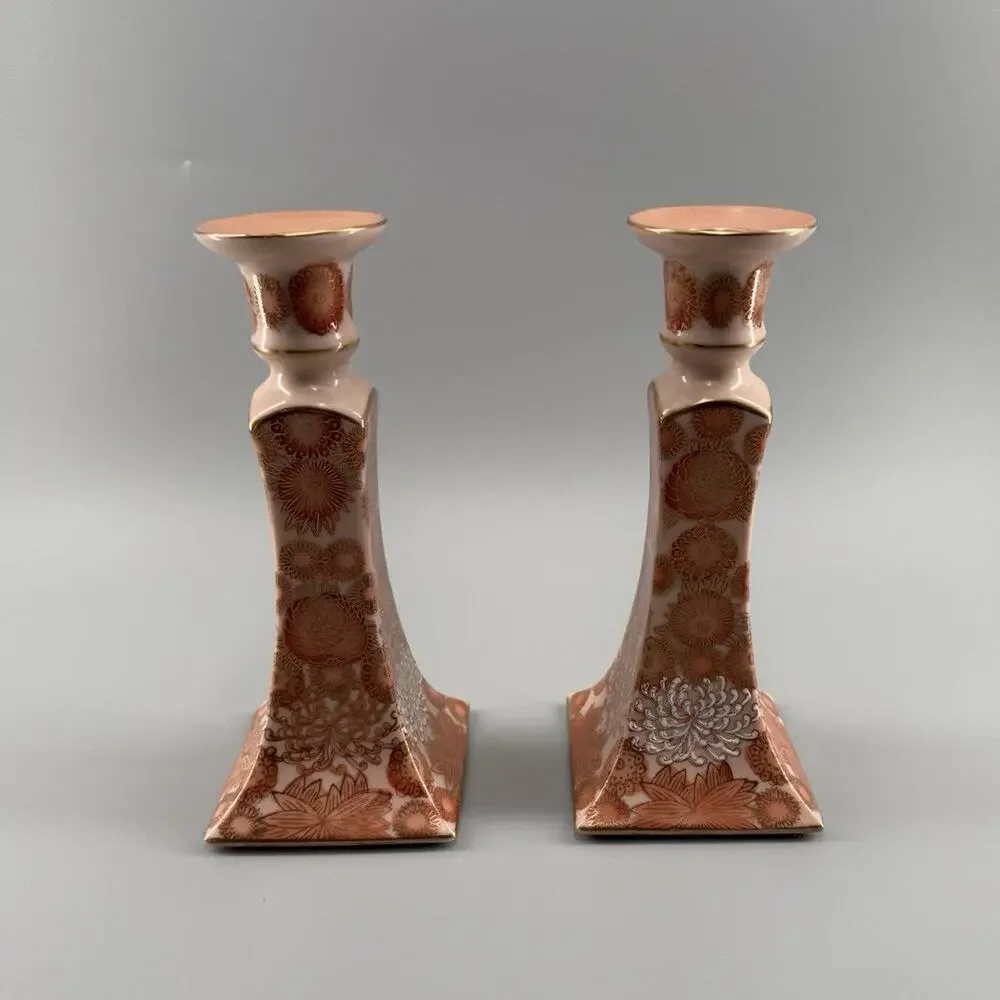 Vintage Andrea by Sadek 7763 Candlesticks Pair Orange Floral Gold Porcelain